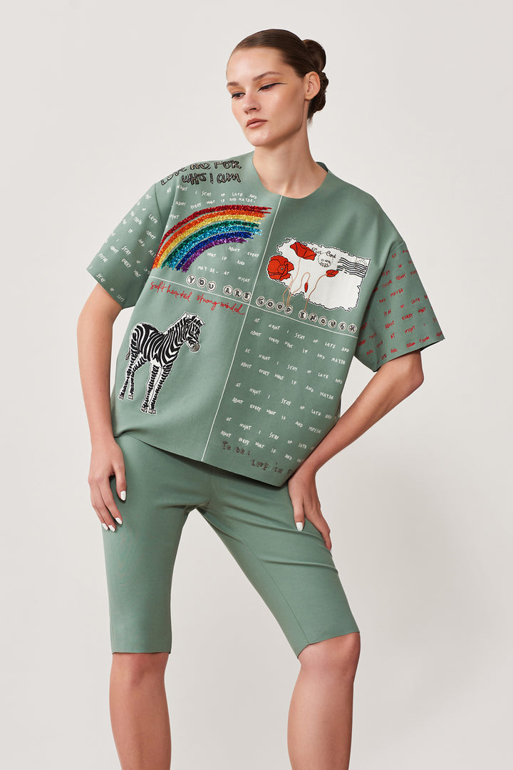 Rainbow Zebra &amp; Postcard Oversized T-shirt With Cycling Shorts