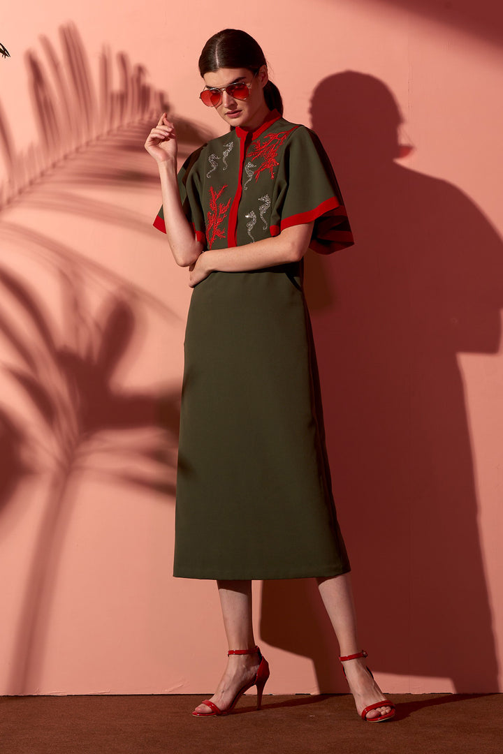 Coral Reef &amp; Seahorse Frill Sleeves Midi Dress