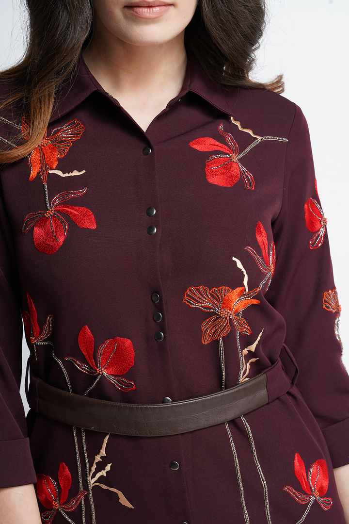 Blooming Flower Long Shirt Dress With Leather Belt