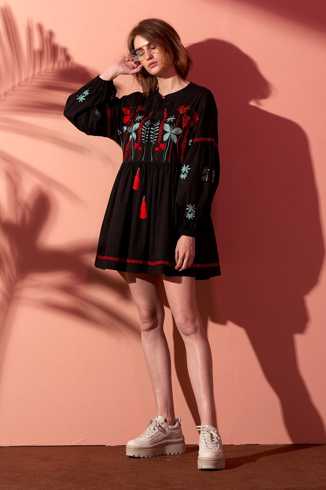 Botanical Gathered Balloon Sleeves Mini Dress