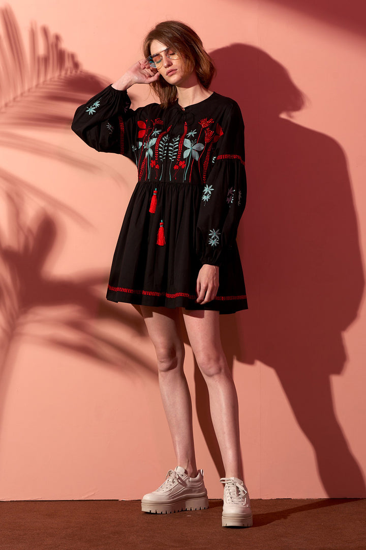 Botanical Gathered Balloon Sleeves Mini Dress