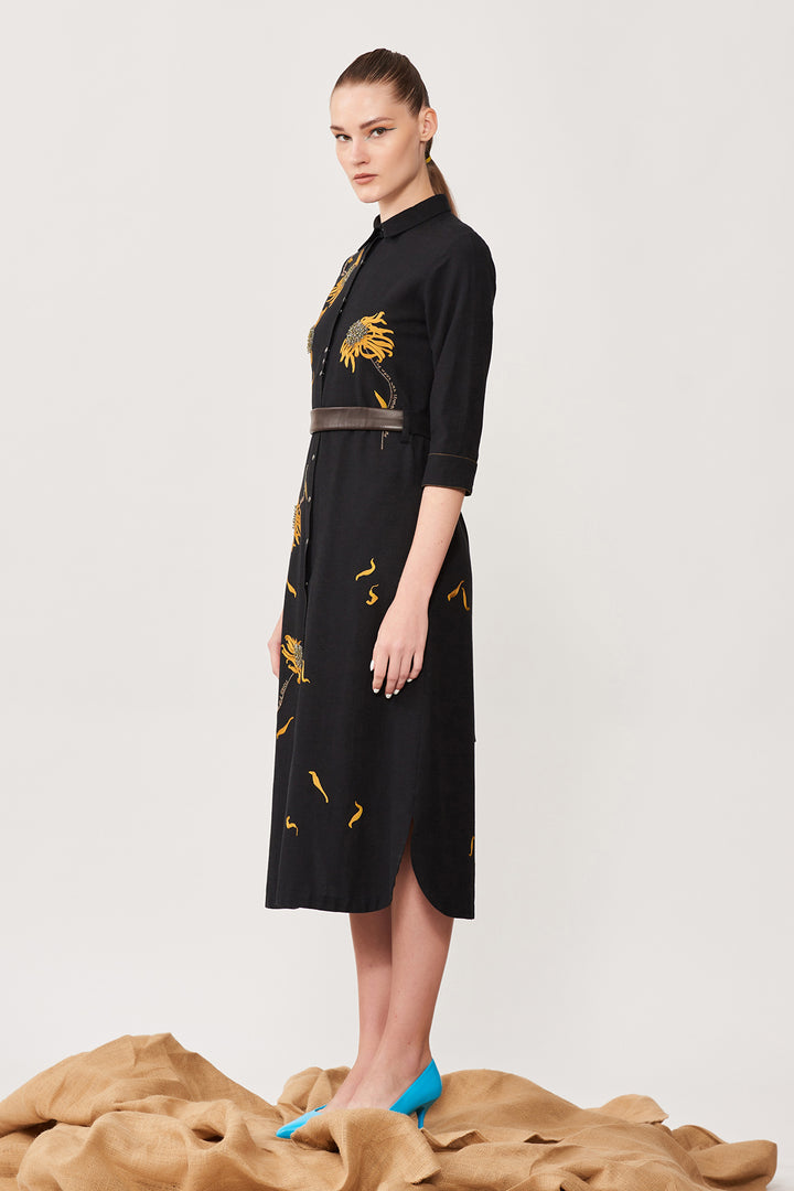 Withering Flower Long Shirt Dress With Belt