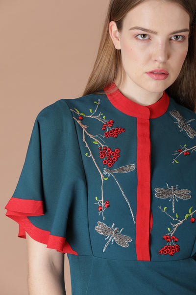 Berries And Dragonfly Frill Sleeves Dress