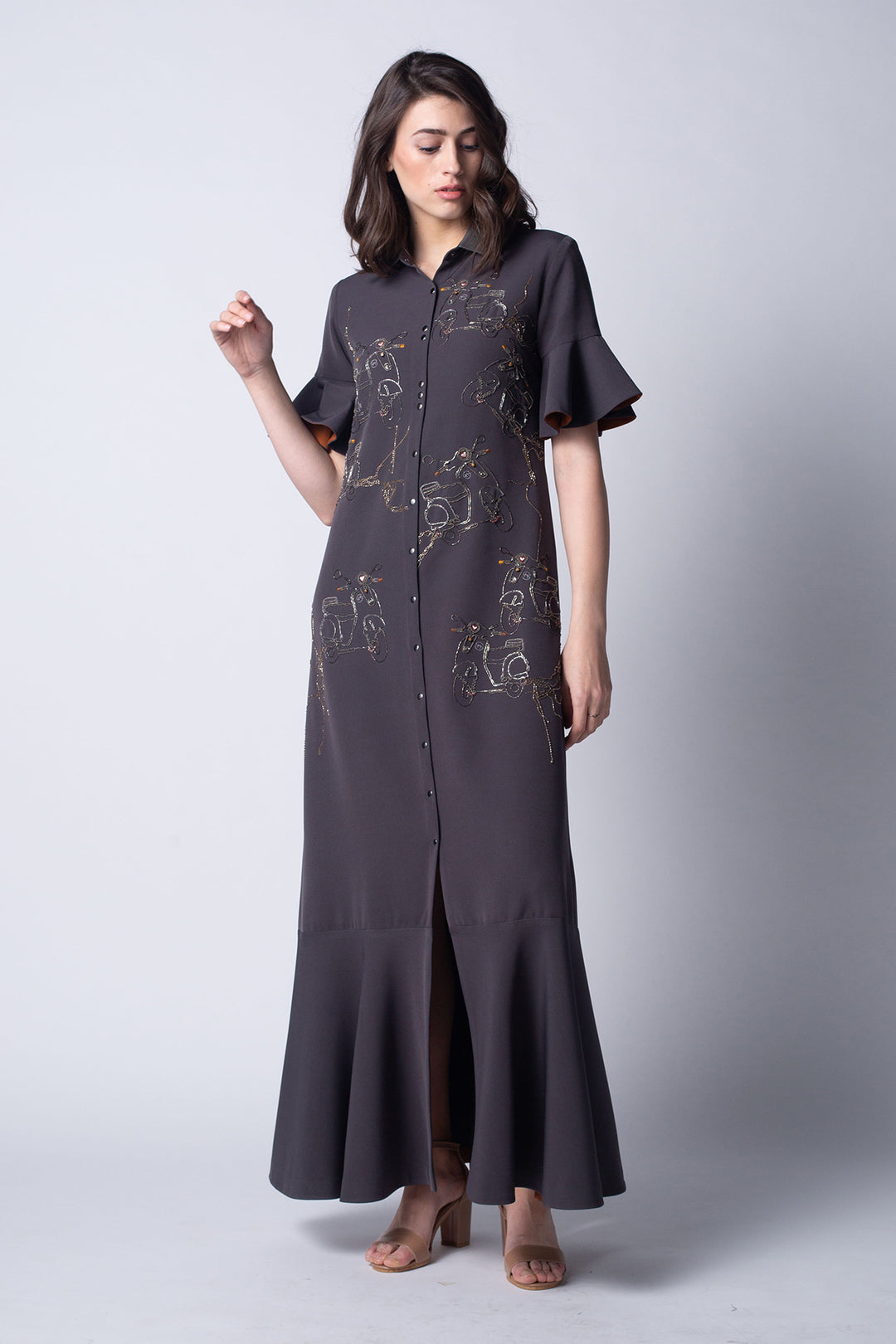 Wire Scooter Long Shirt Dress With Ruffles Hem And Sleeves