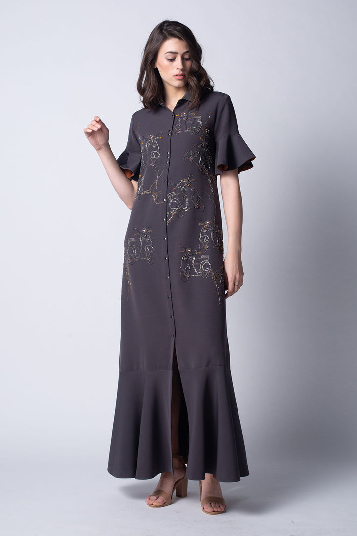 Wire Scooter Long Shirt Dress With Ruffles Hem And Sleeves