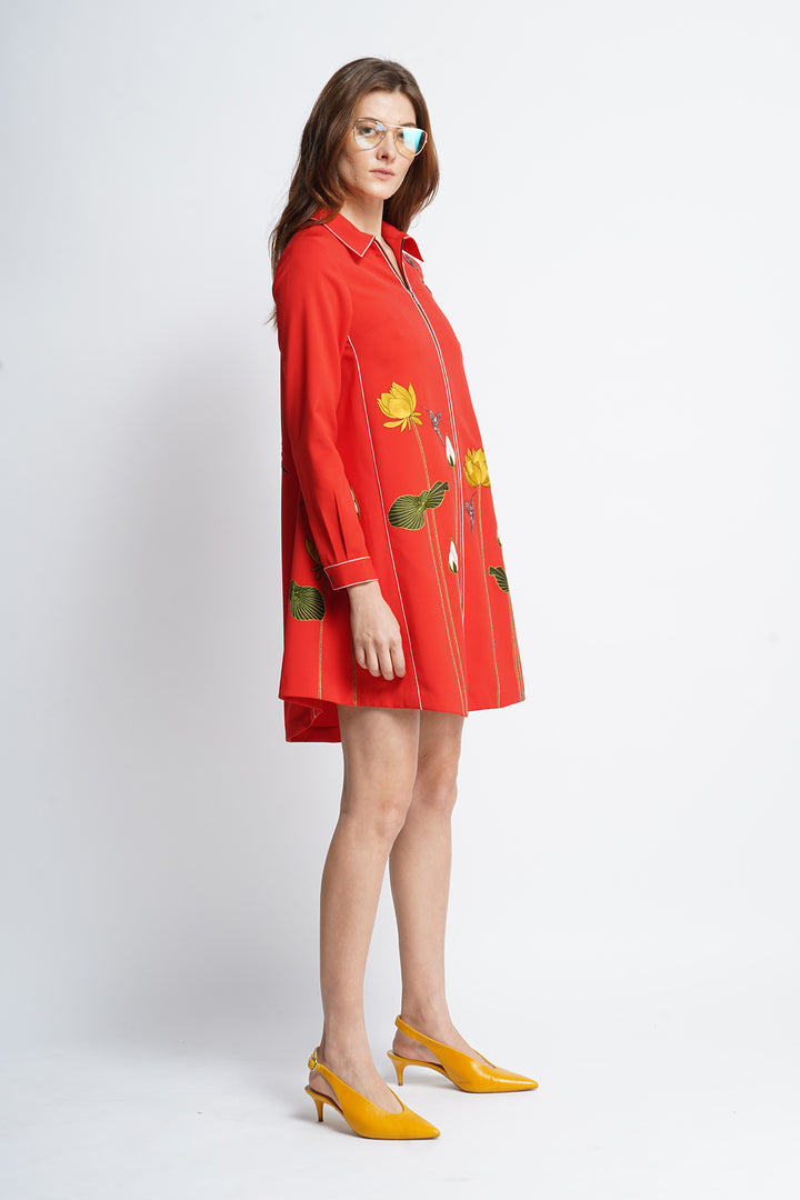 Lotus And Humming Bird Side Triangle Shirt Dress