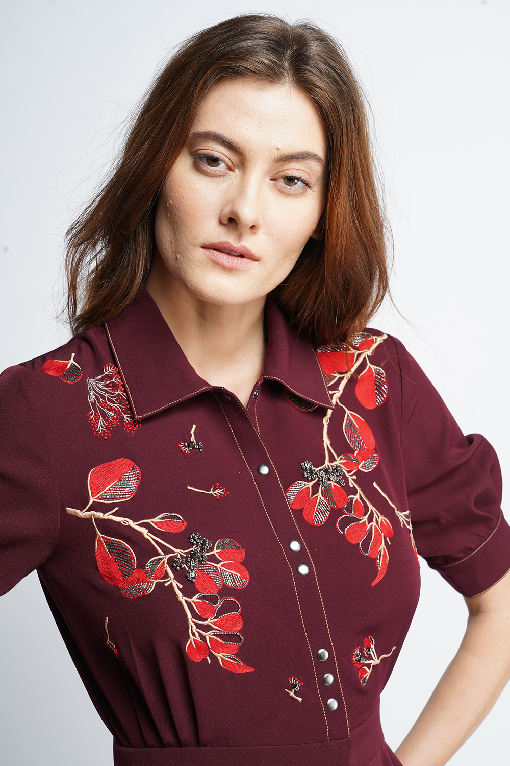 Botanical Stem And Dragonfly Side Pleated Front Open Dress