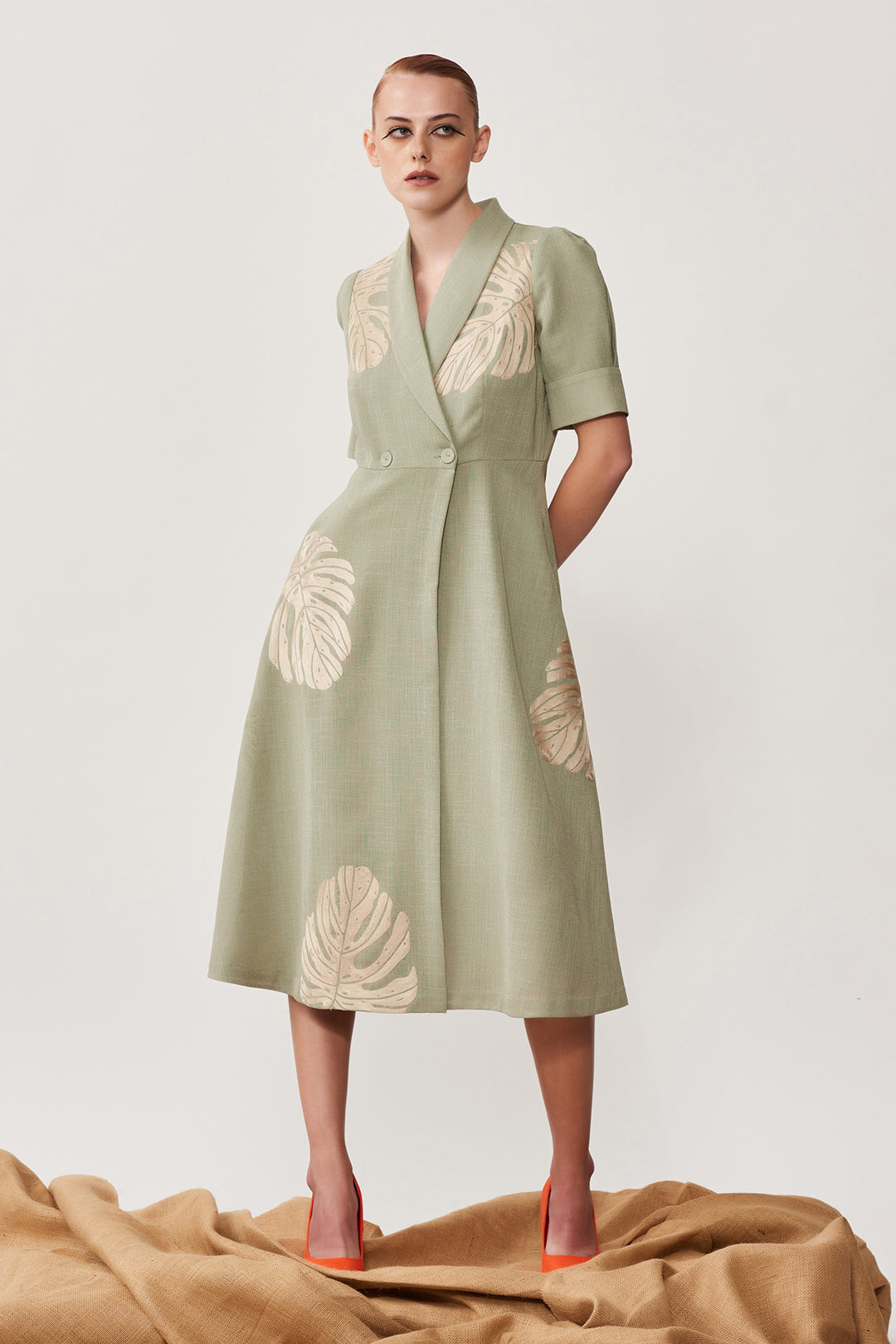 Monstera Wrap Dress With Puff Sleeves