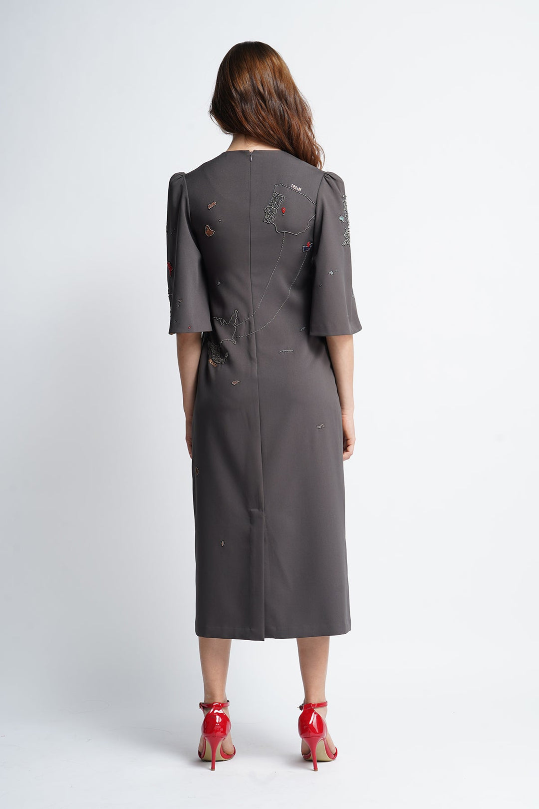 Map Midi Dress With Wide Sleeves