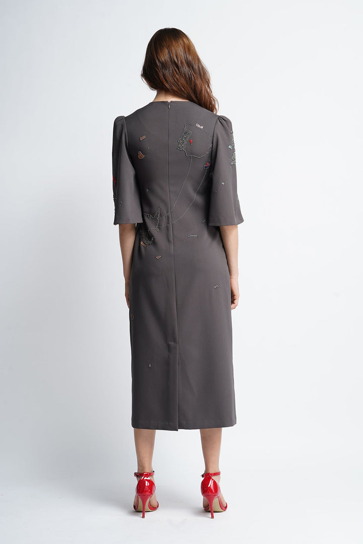 Map Midi Dress With Wide Sleeves