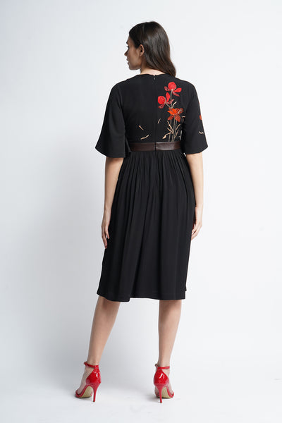 Blooming Flower Midi Dress with Leather Belt
