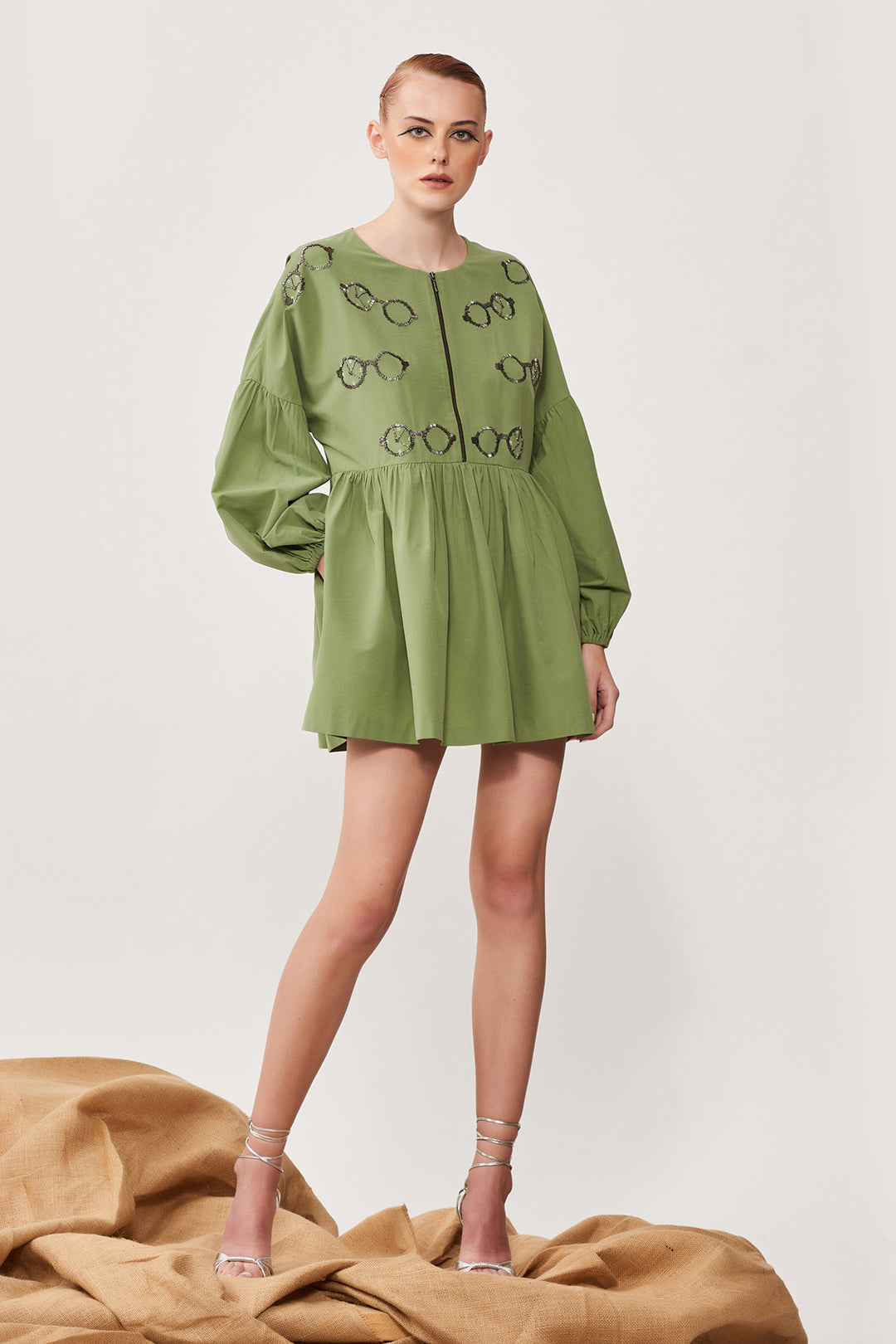 Time Vision Balloon Sleeves Gather Mini Dress