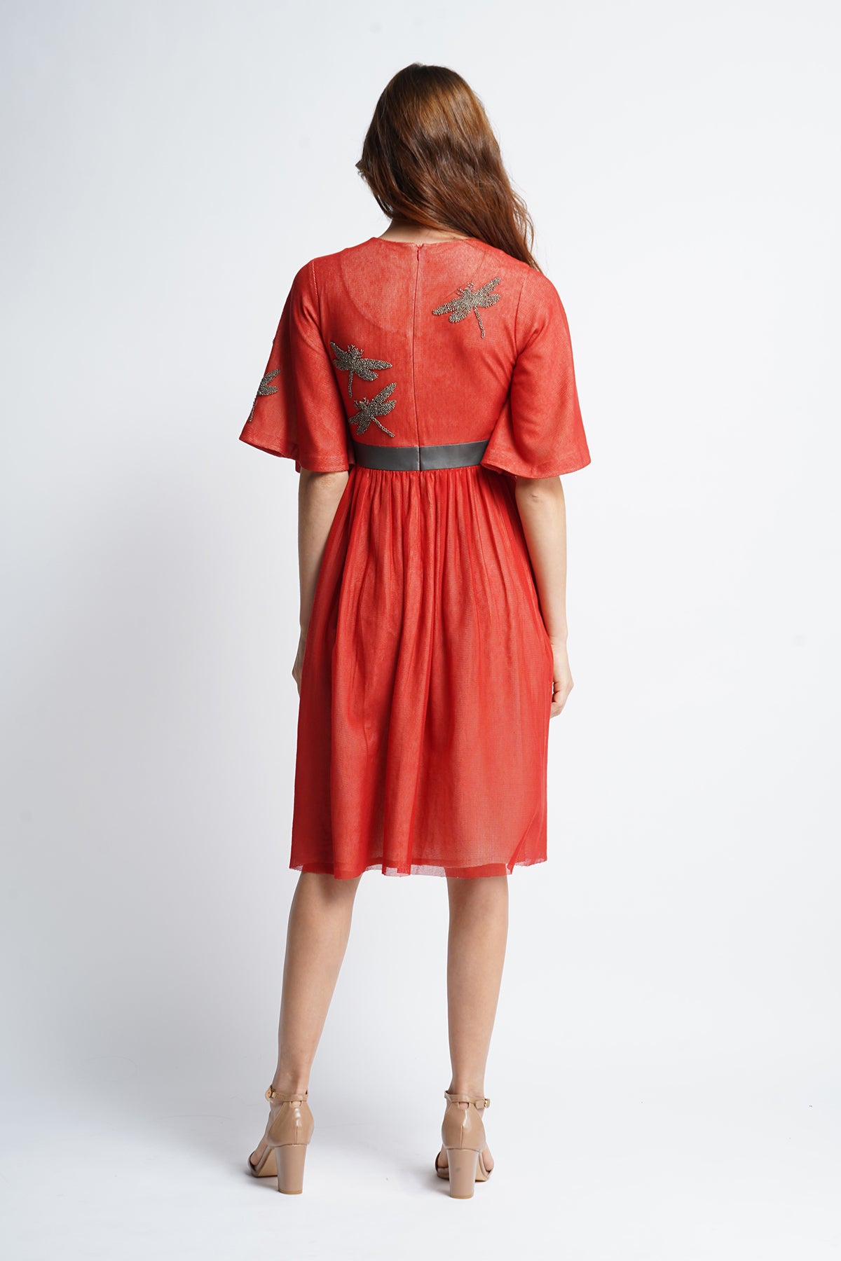 Dotted Dragonfly Midi Dress with Leather Belt