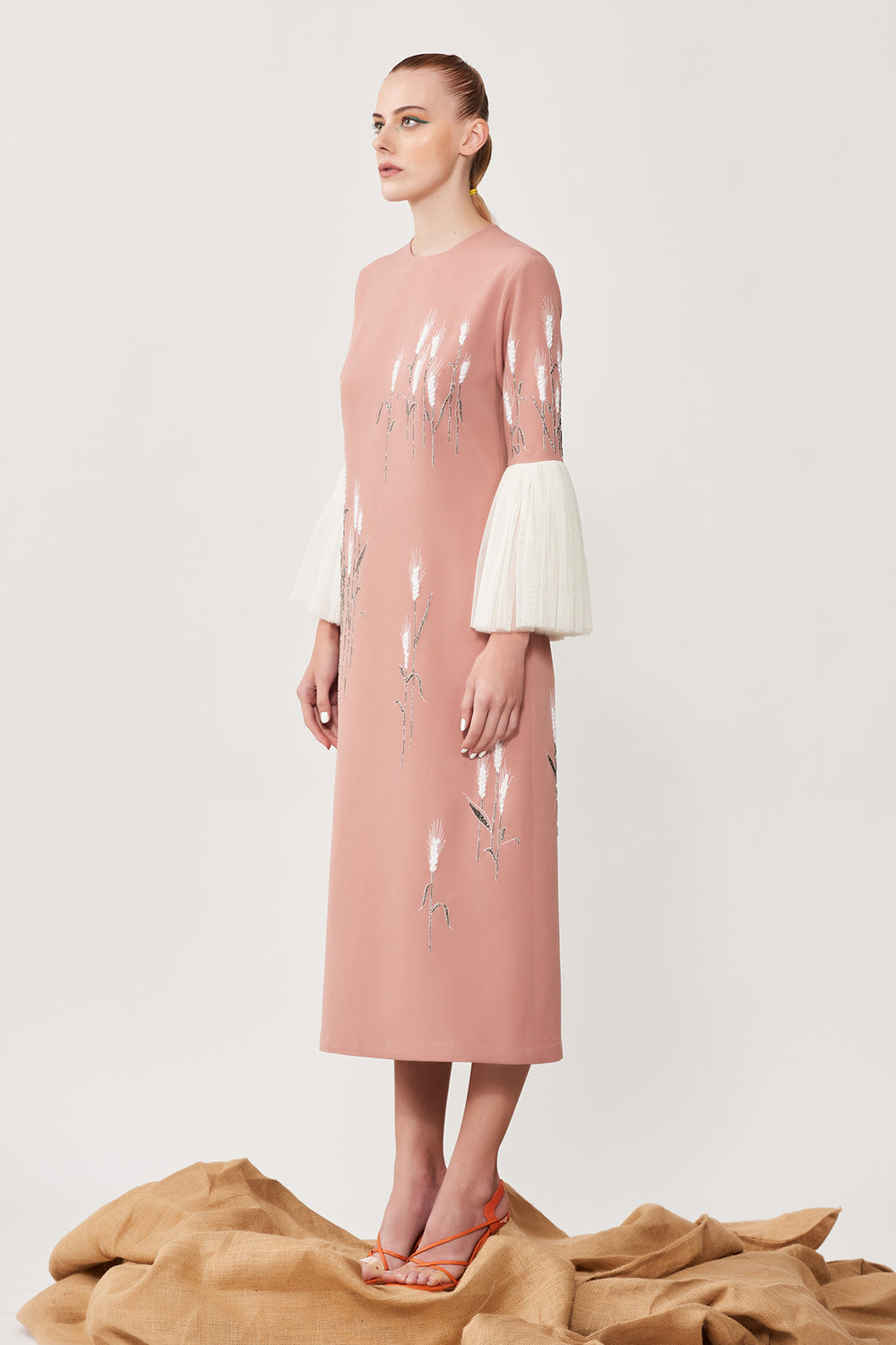 Wheatgrass Midi Dress With Frill Sleeves