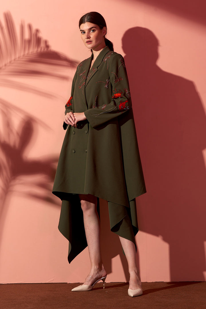Burst Flower &amp; Dragonfly Draped Coat Dress
