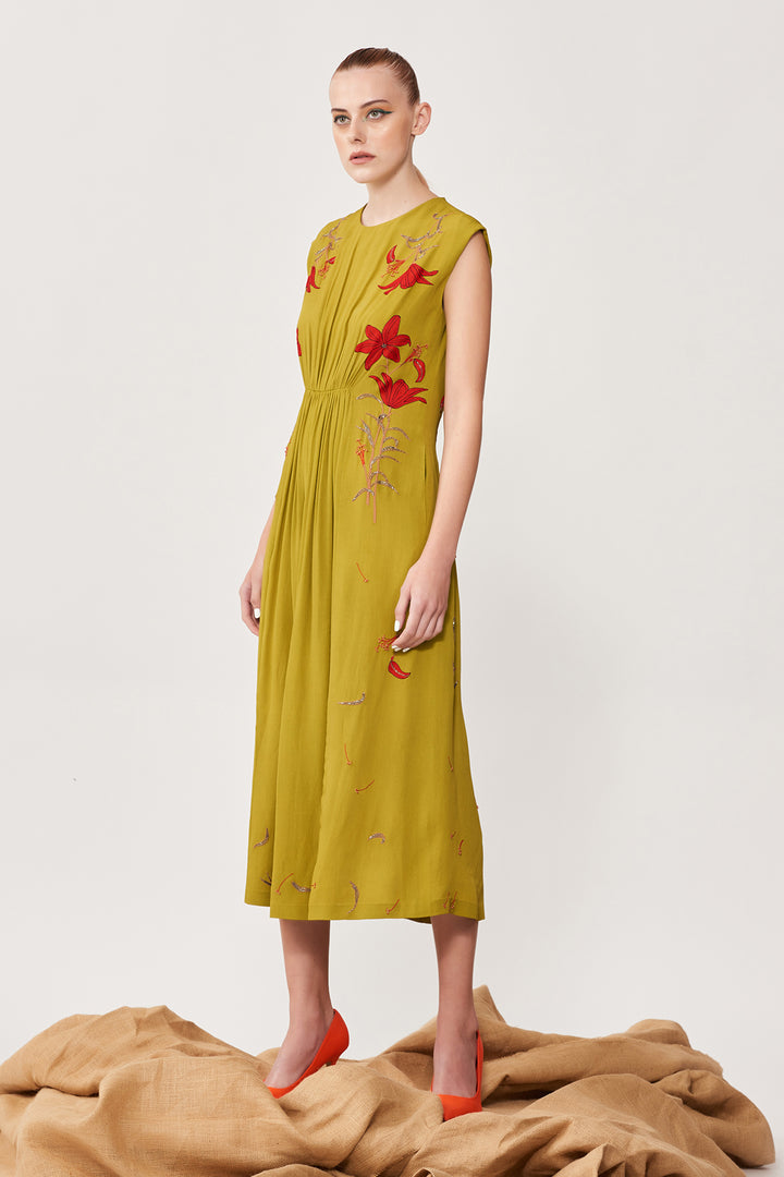 Lilies Front Gather Midi Dress