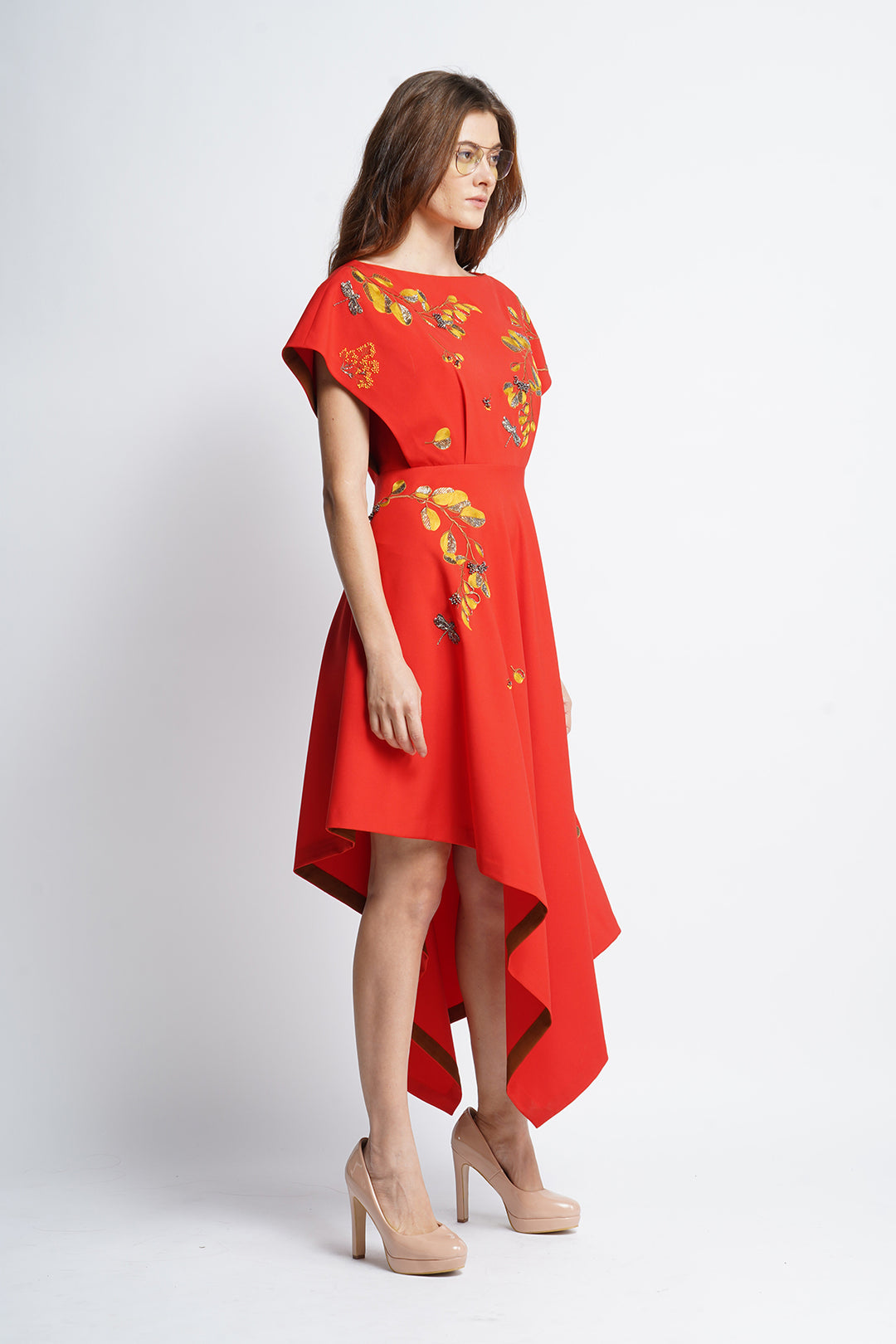 Botanical Stem and Dragonfly Boat Neck Handkerchief Midi Dress