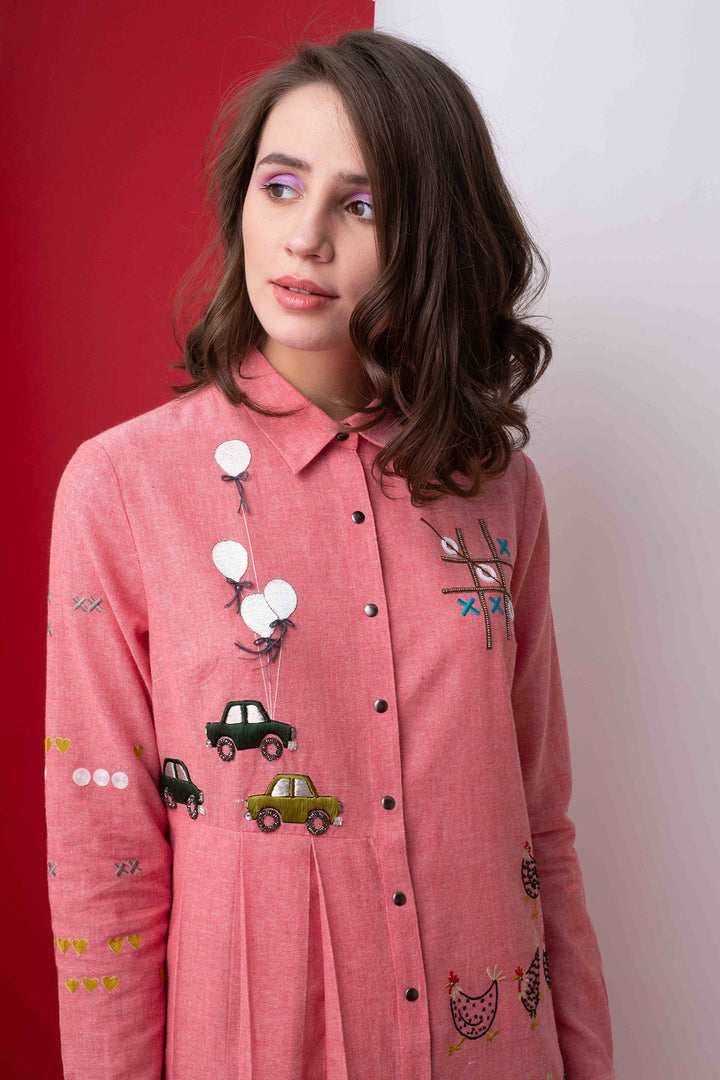 Childhood One Side Knife Pleated Shirt Dress