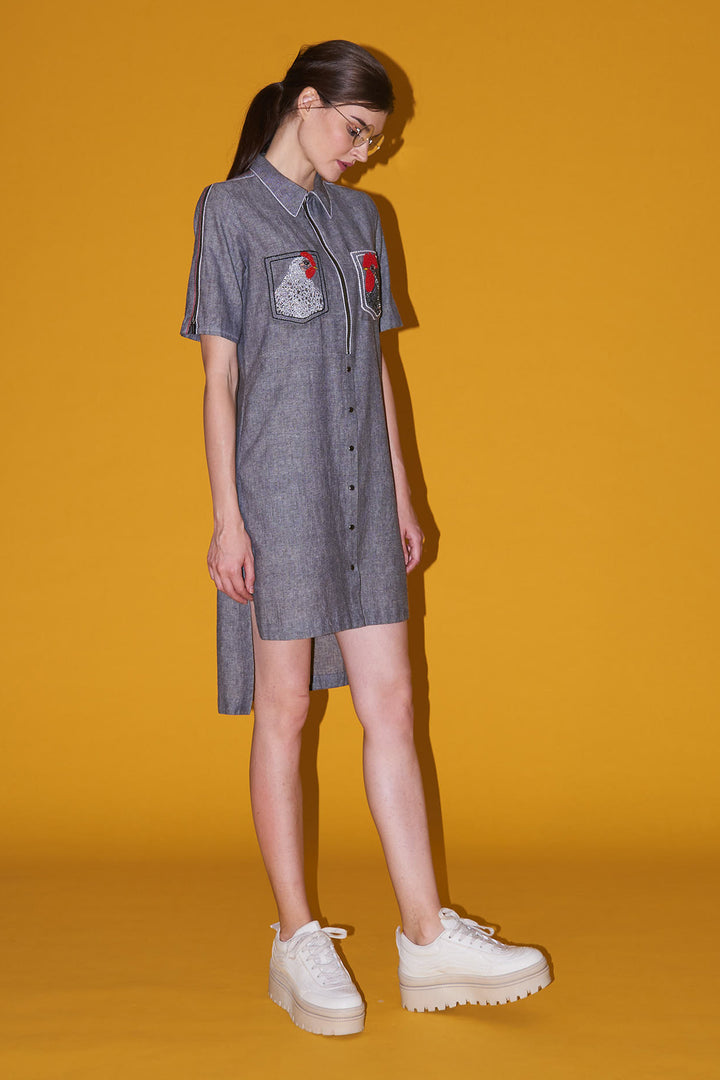 Rooster On Pockets High Low Zipper Shirt Dress