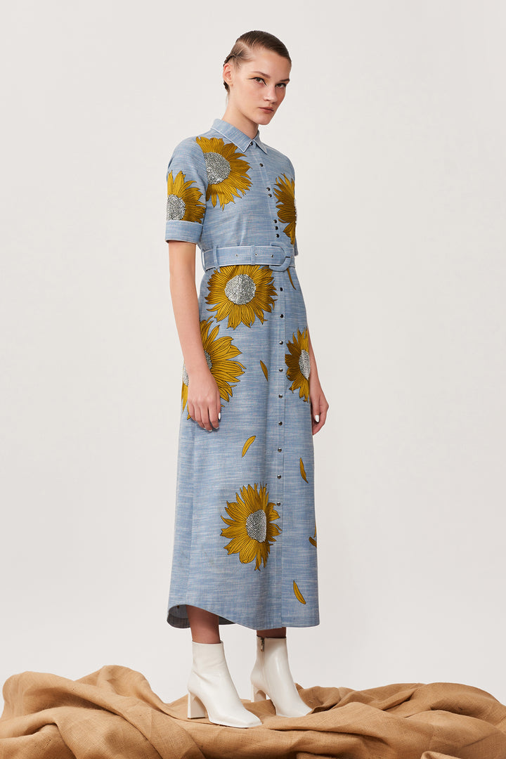 Sunflower Long Shirt Dress With Buckle Belt