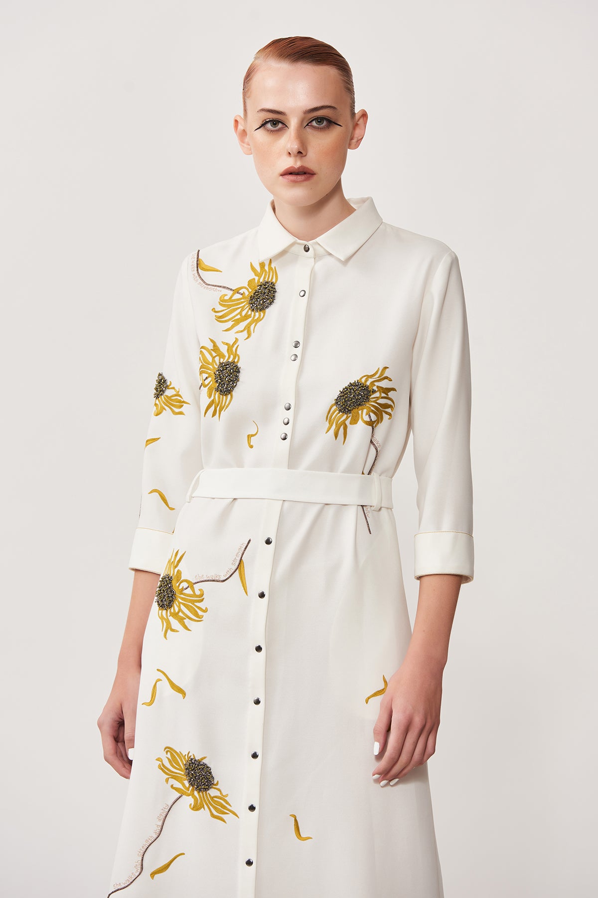 Withering Flower Long Shirt Dress With Belt