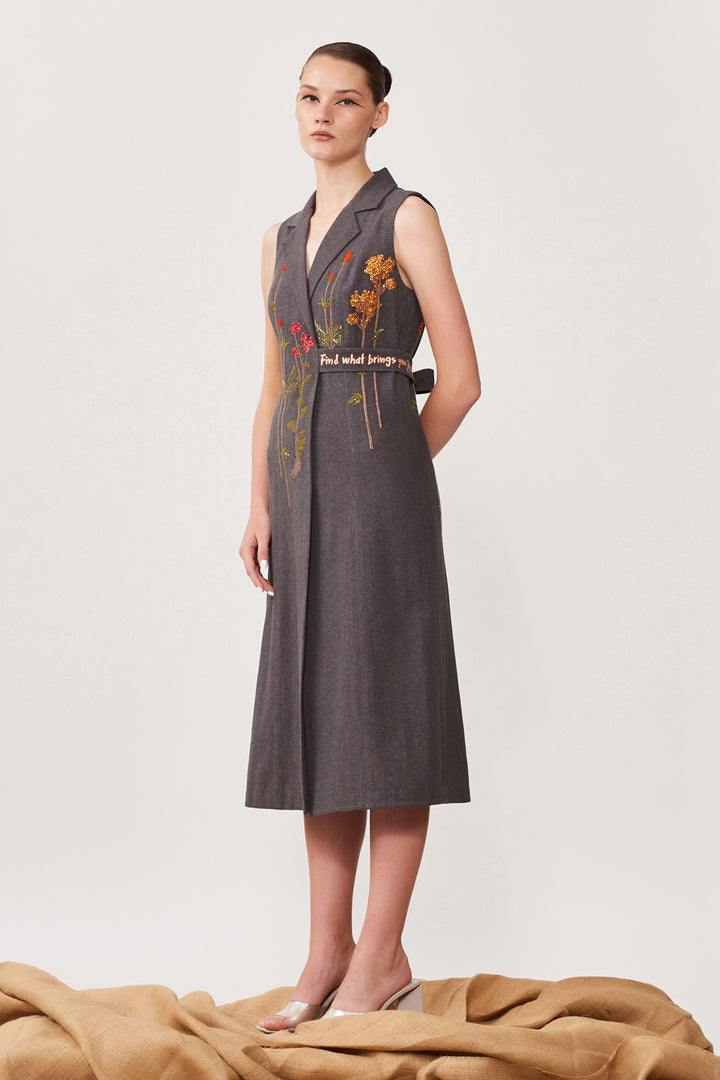 Botanical Flowers Sleeveless Wrap Dress With Attached Belt