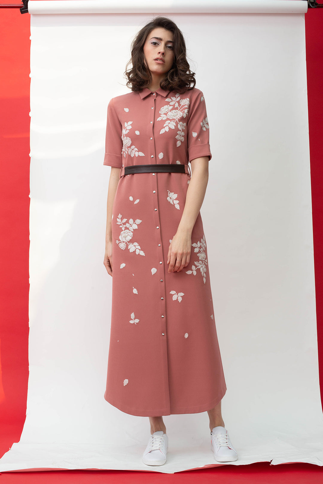 White Roses Long Shirt Dress With Leather Belt