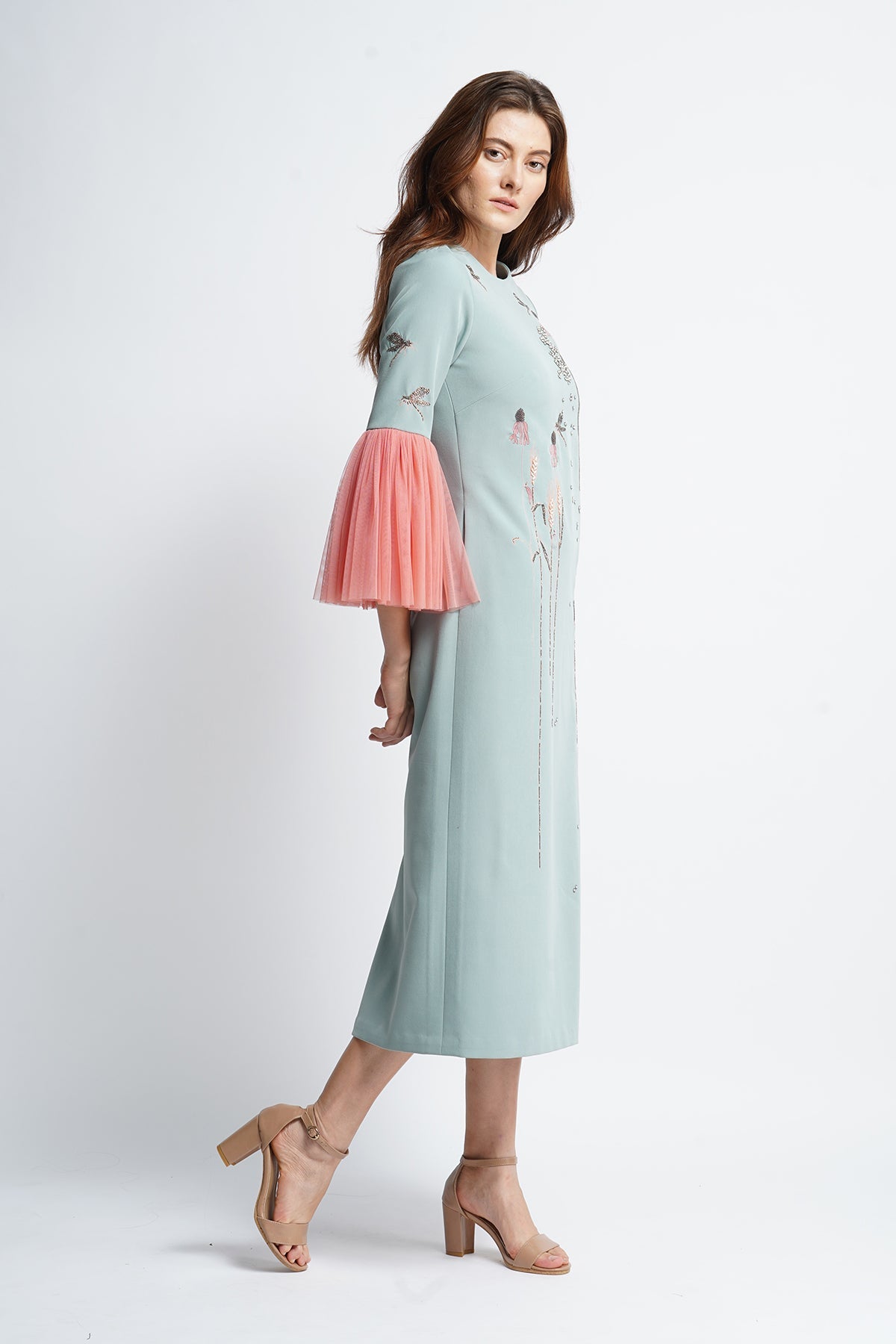 Wildflower And Dragonflies Midi Dress With Frill Sleeves