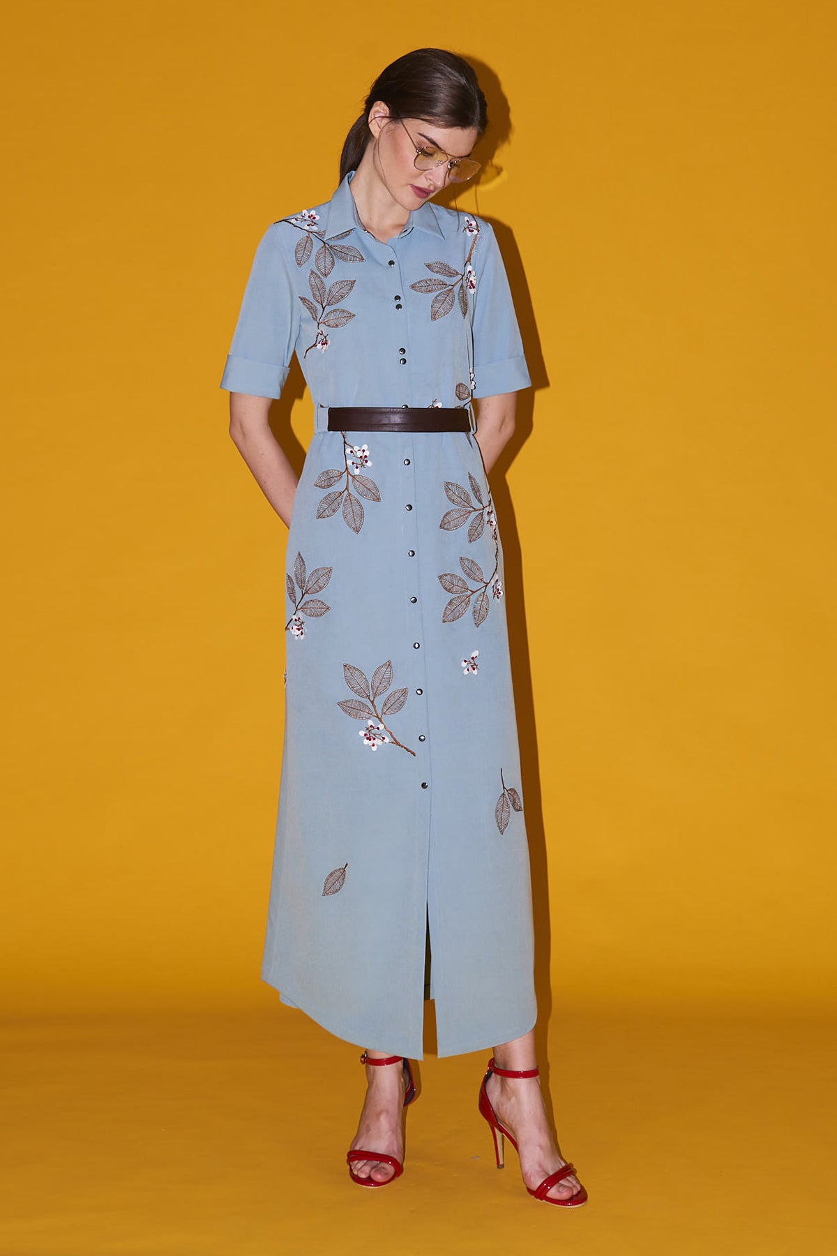 Bloom With Grace Long Shirt Dress With Leather Belt