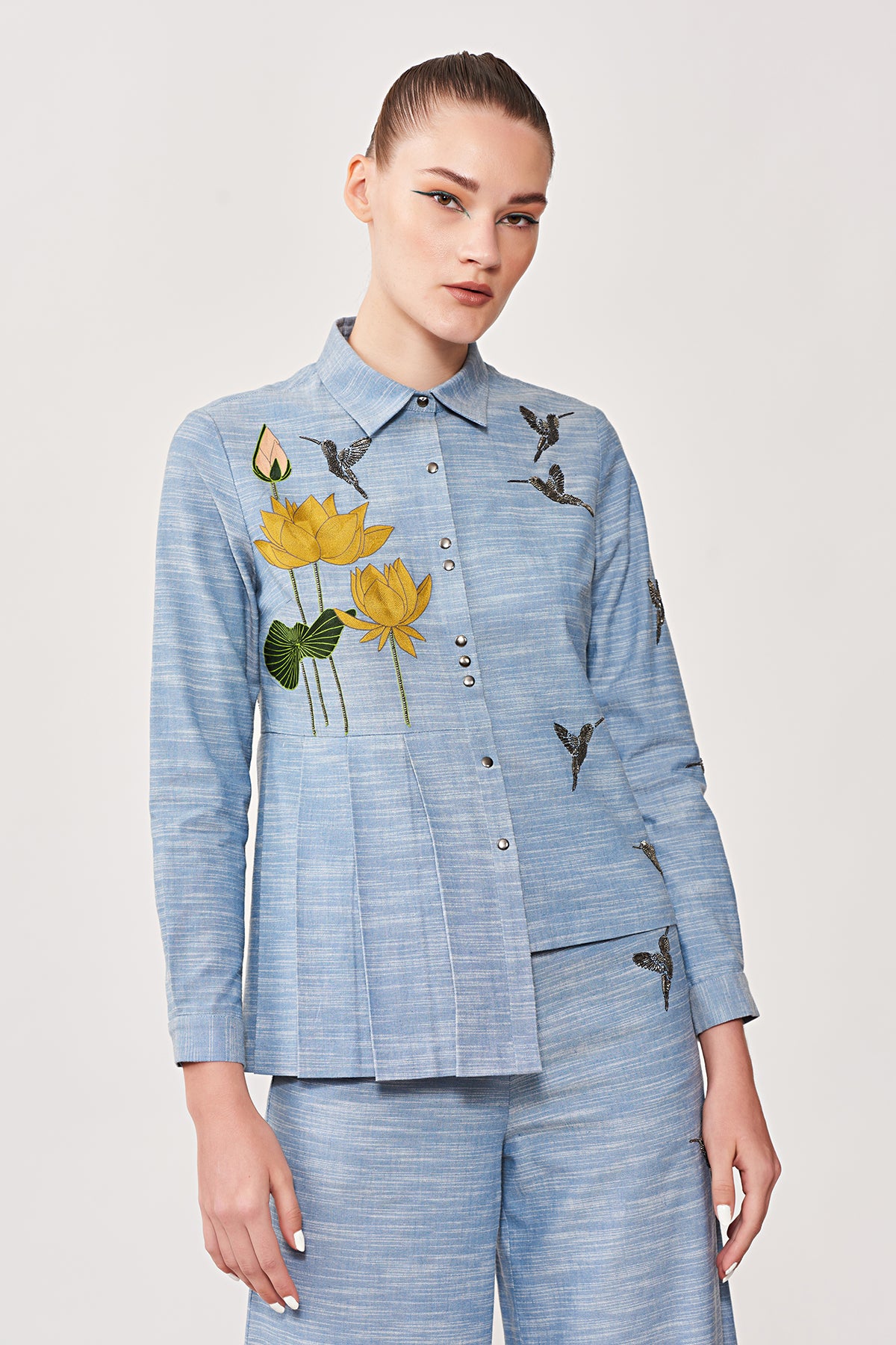 Lotus & Humming Bird Side Pleated Shirt