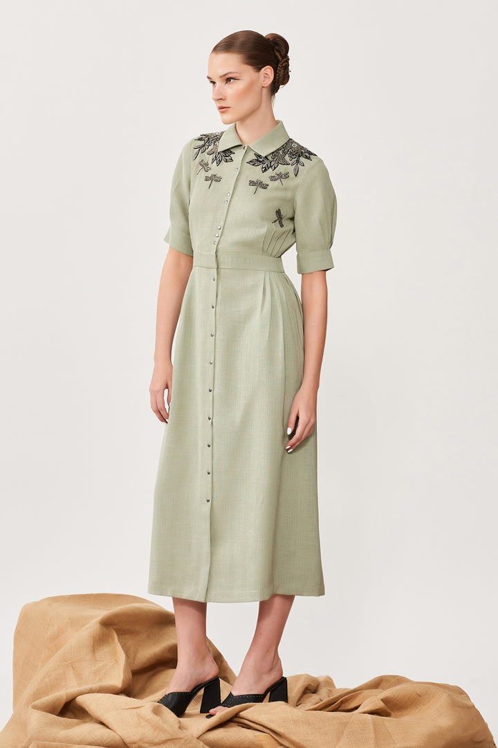 Shoulder Botany &amp; Dragonflies Side Pleated Dress
