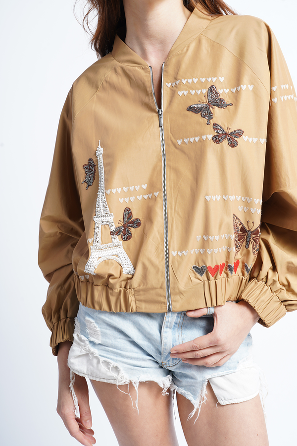 Butterfly Hearts And Eifel Baloon Sleeves Bomber Jacket