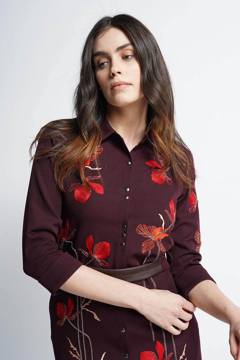Blooming Flower Long Shirt Dress With Leather Belt