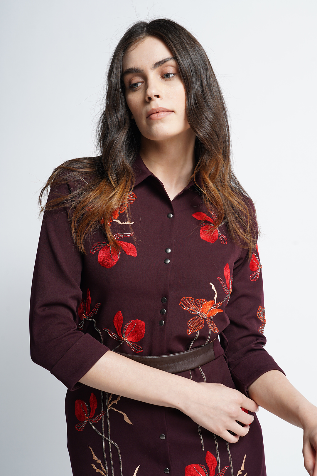 Blooming Flower Long Shirt Dress With Leather Belt