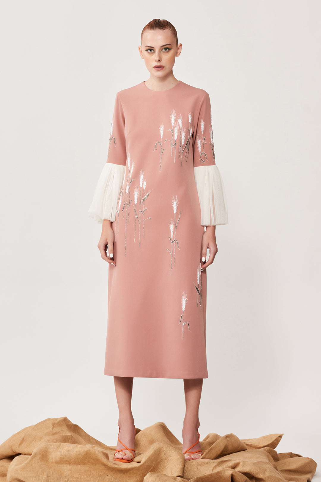 Wheatgrass Midi Dress With Frill Sleeves