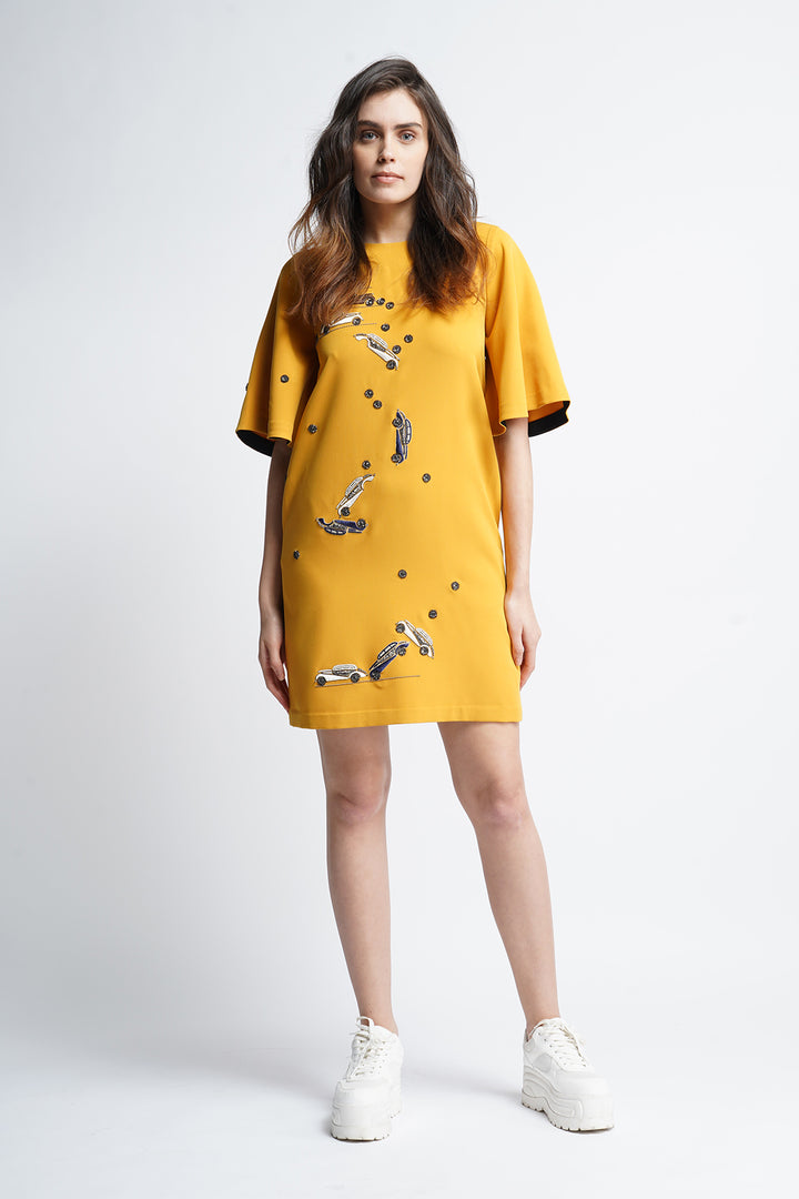 Dinky Car Mini Dress with Flared Sleeves