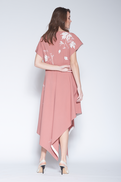 Ivy Leaves And Flower Boat Neck Handkerchief Midi Dress