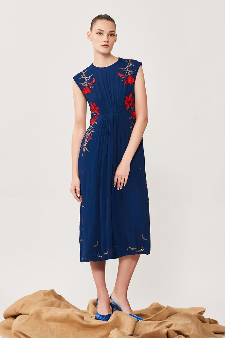 Lilies Front Gather Midi Dress