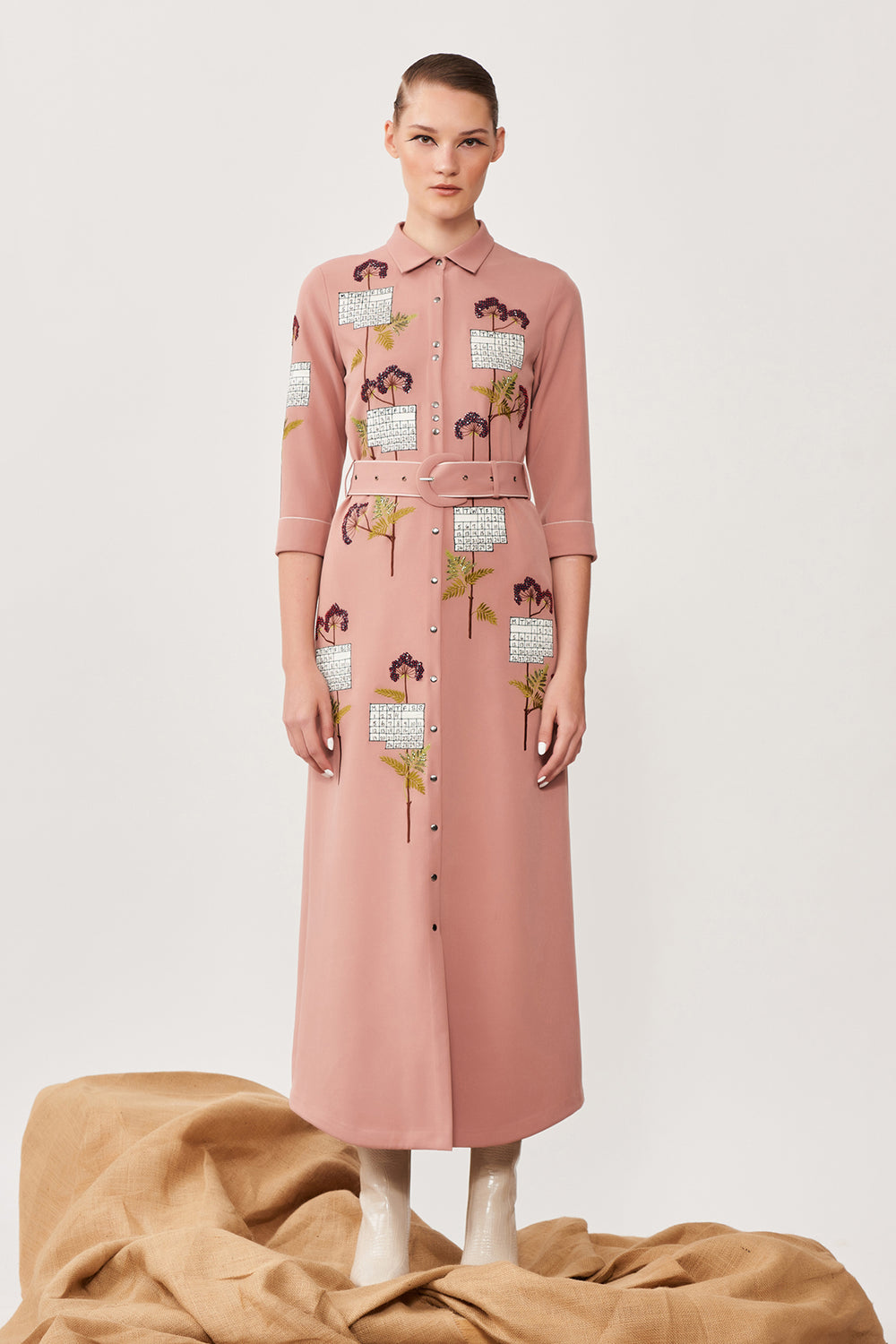 Calender Long Shirt Dress With Buckle Belt