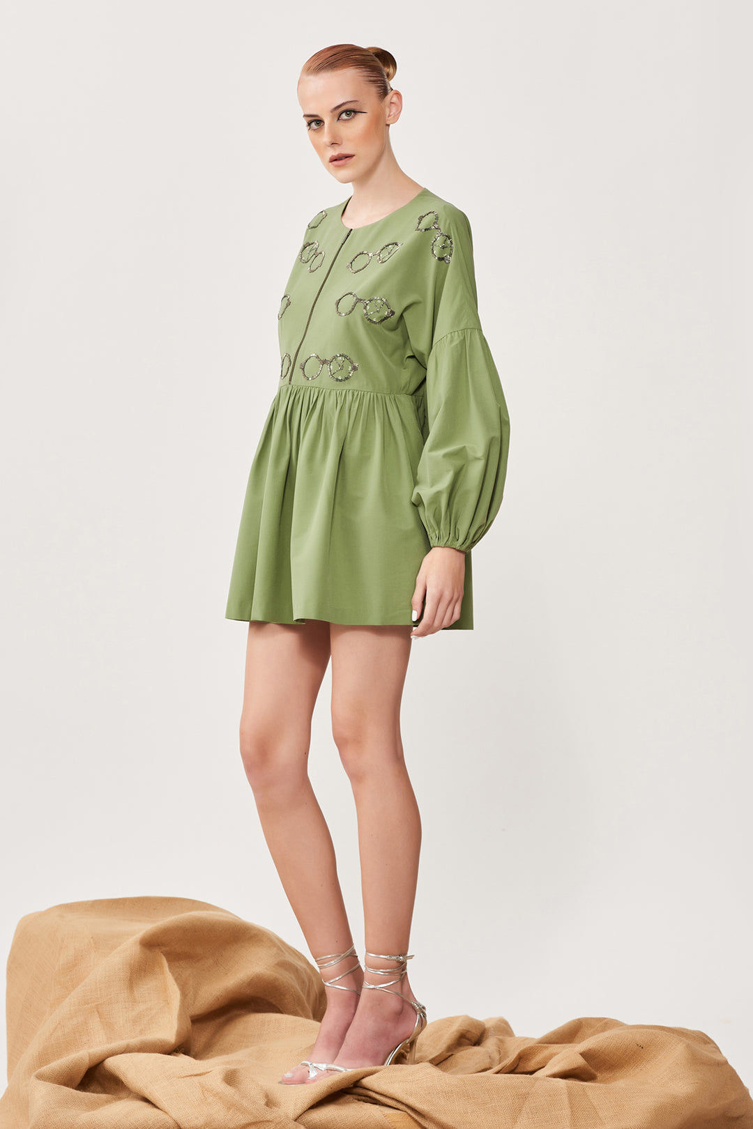 Time Vision Balloon Sleeves Gather Mini Dress