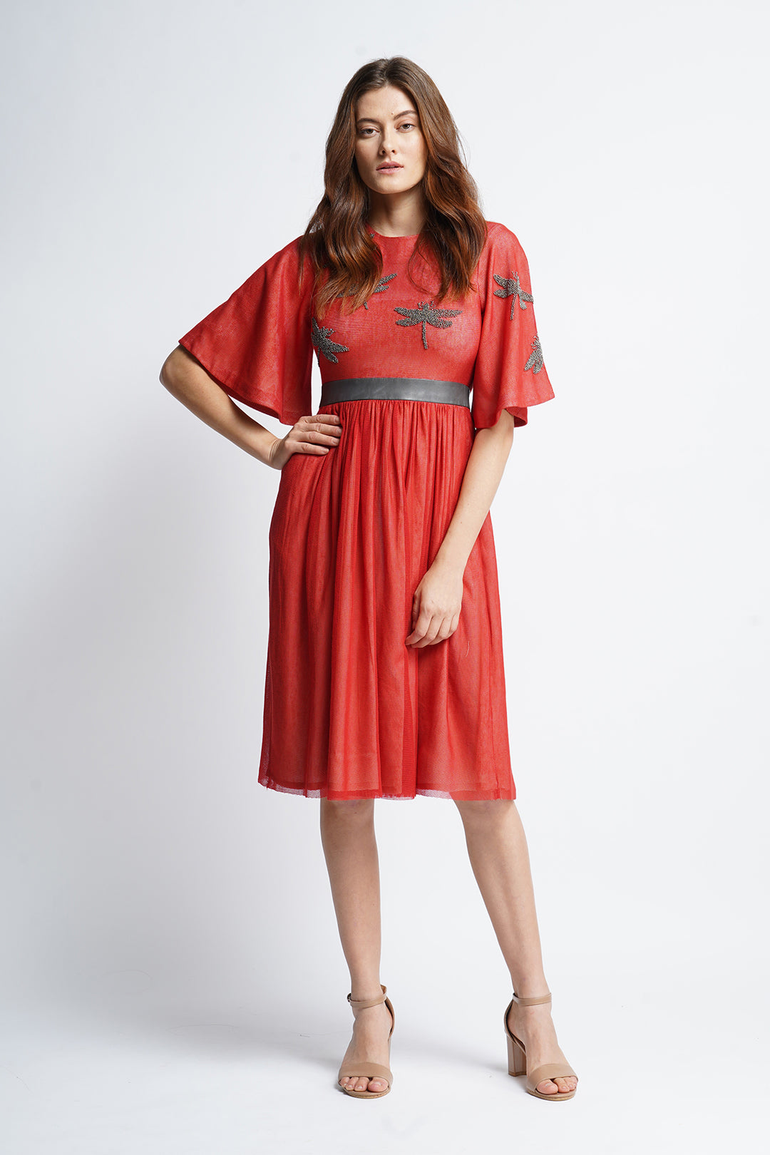 Dotted Dragonfly Midi Dress with Leather Belt