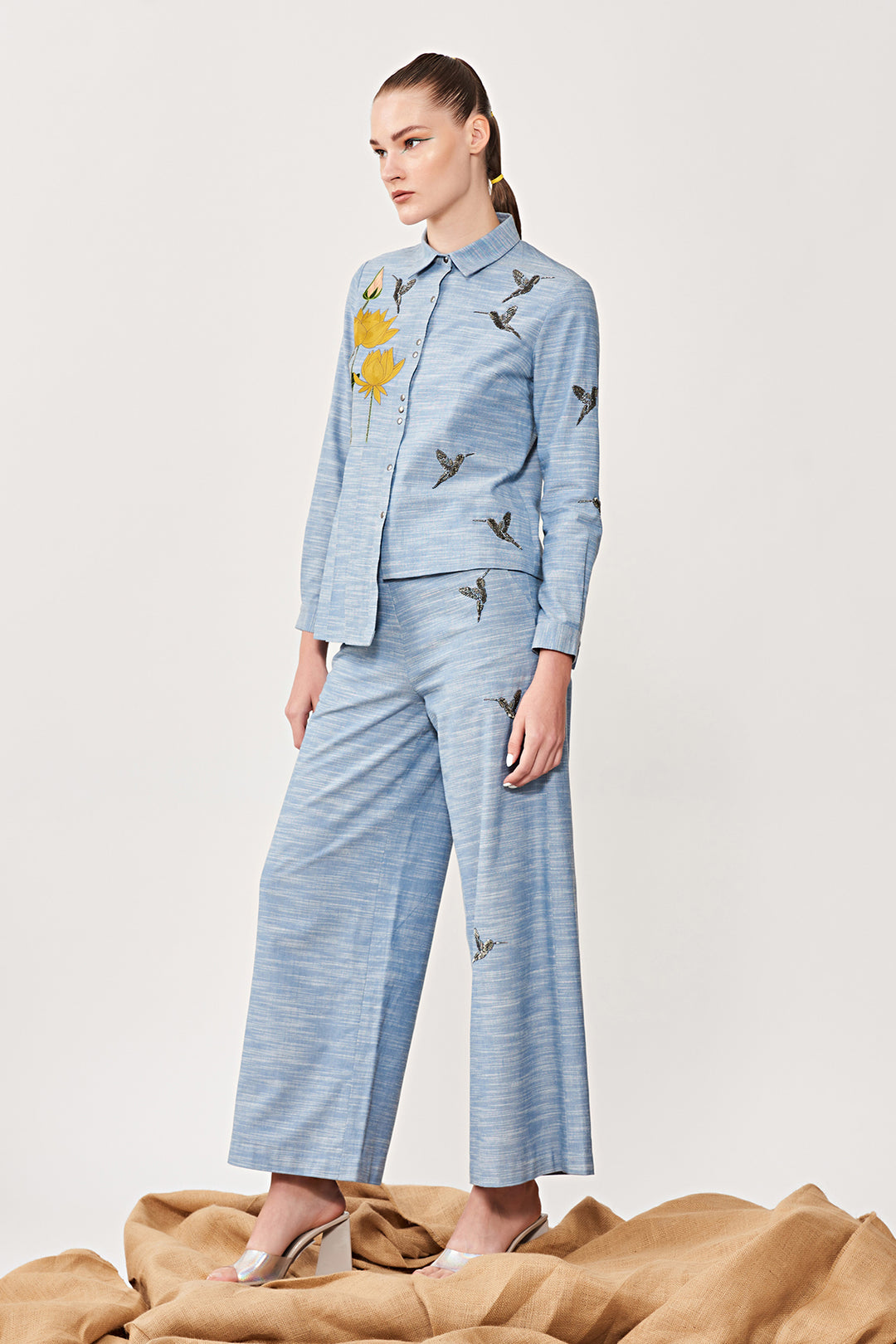 Lotus &amp; Humming Bird Side Pleated Shirt