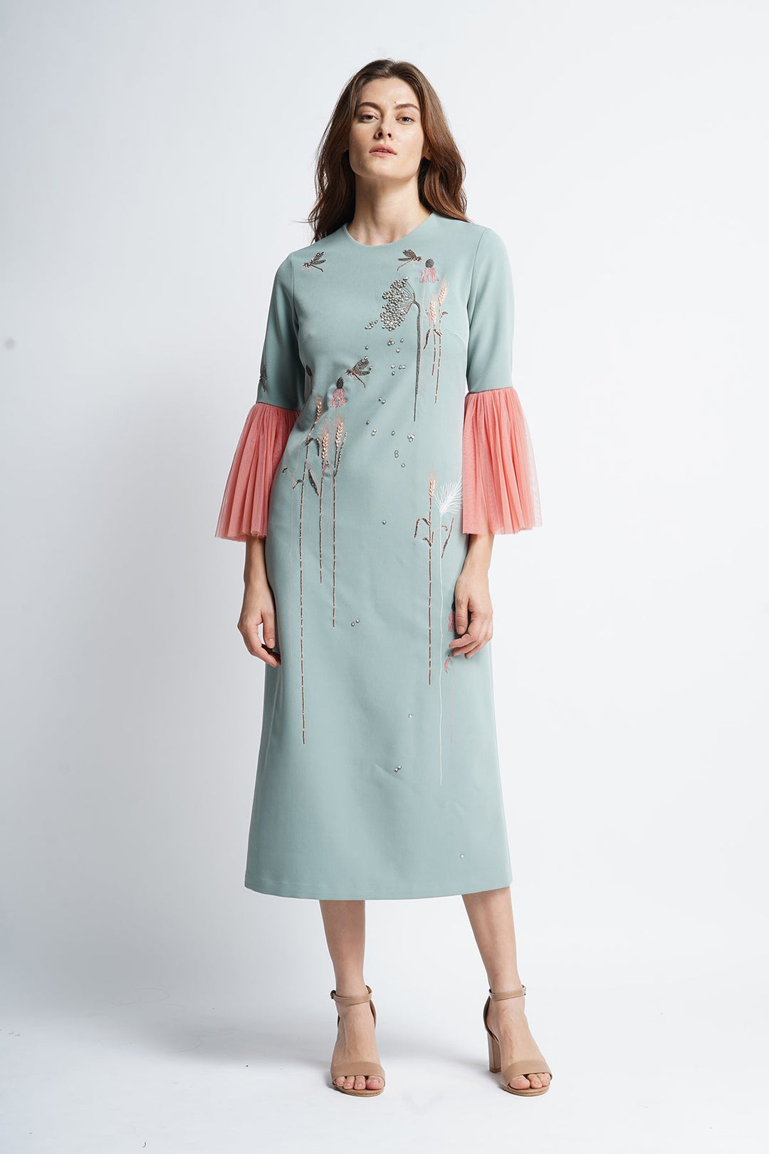 Wildflower And Dragonflies Midi Dress With Frill Sleeves