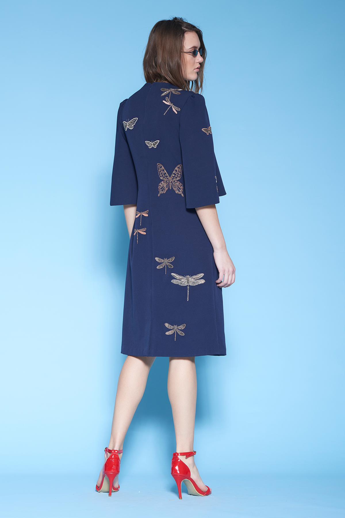 Butterflies Midi Dress With Wide Sleeves
