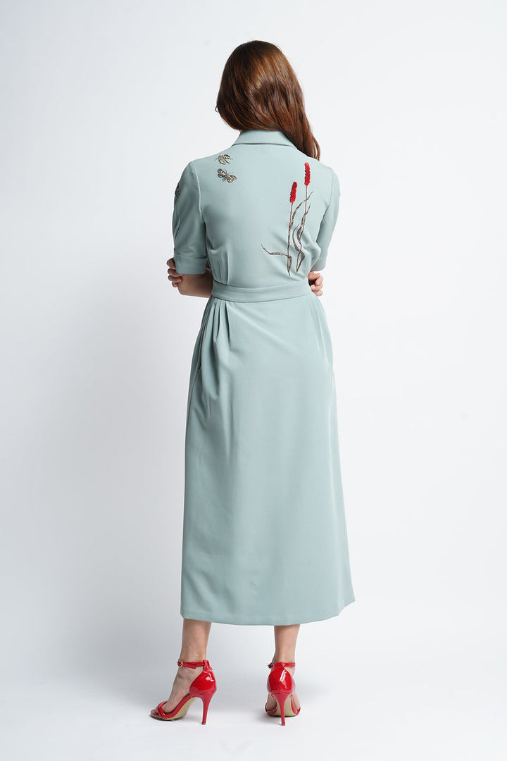 Grass And Insects Front Open Side Pleated Dress