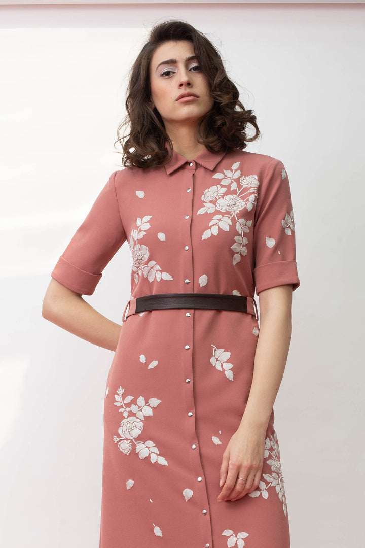 White Roses Long Shirt Dress With Leather Belt