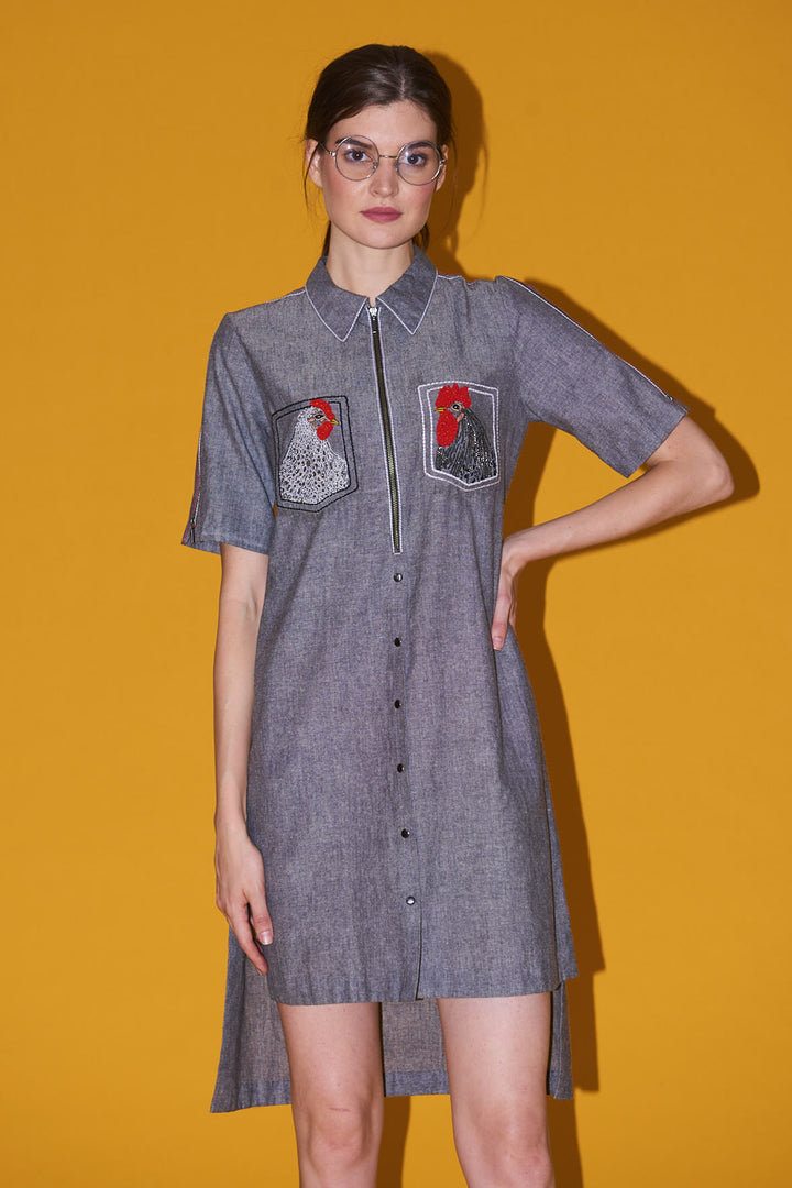 Rooster On Pockets High Low Zipper Shirt Dress
