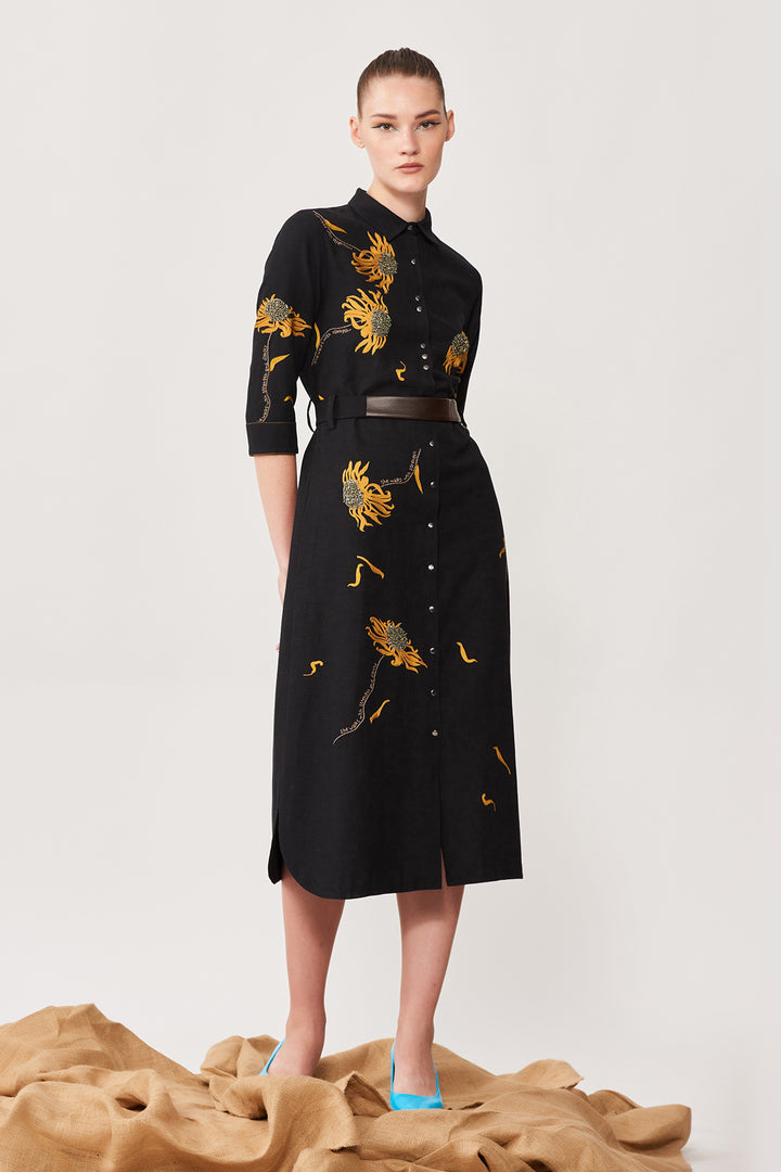 Withering Flower Long Shirt Dress With Belt