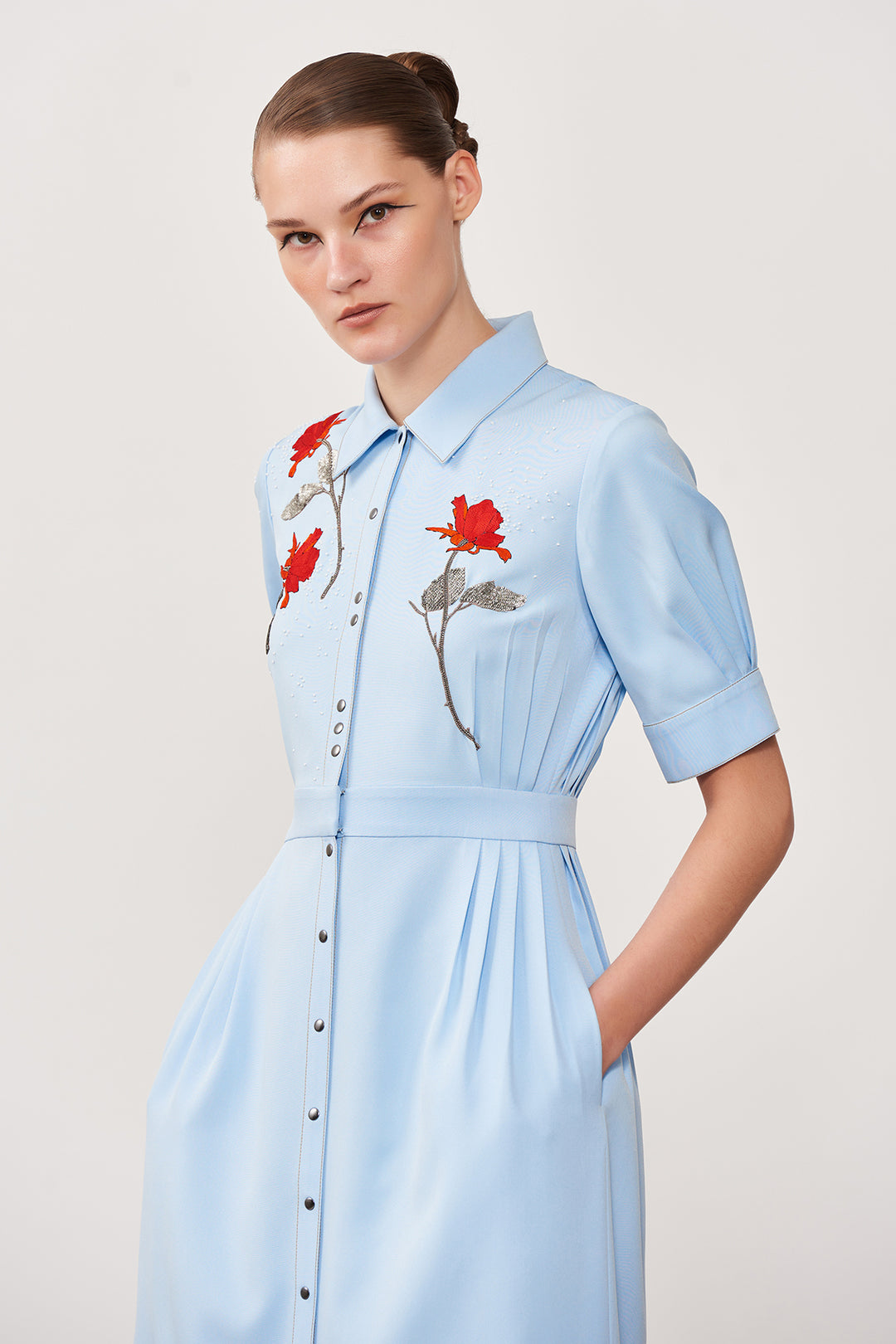 Rose Front Open Side Pleated Dress