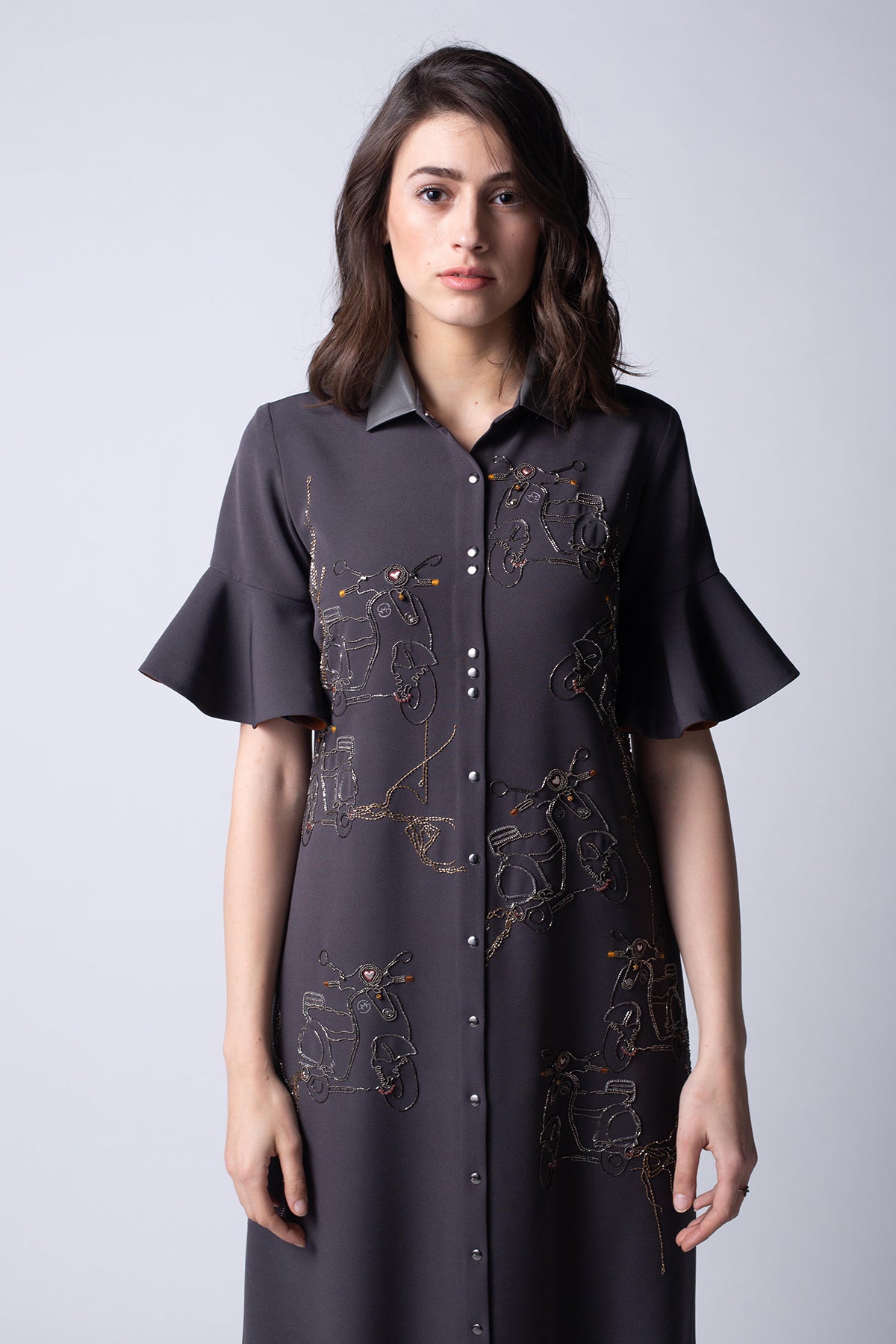 Wire Scooter Long Shirt Dress With Ruffles Hem And Sleeves